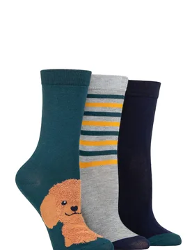 Women's 3 Pair Bamboo Feather Socks Fluffy Dog 4-8 - Multi Coloured - Size: Small - SockShop - FashionsVida