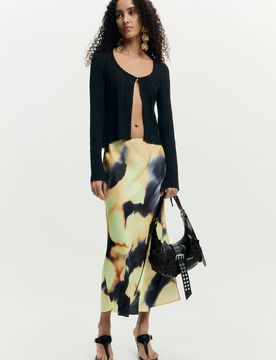 Jupe imprimée midi, , Polyester, Noir, XS