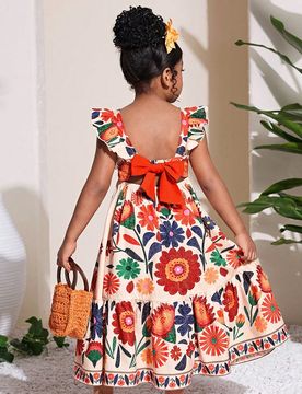 Vestido maxi con estampado floral tropical esponjoso sin espalda y lazo en la cintura para niñas jóvenes, casual, de moda, versátil, adecuado para
