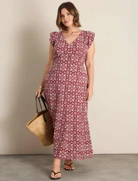 Boho Floral V-Neck Midi Tea Dress Red Mix female - Live Unlimited London - FashionsVida
