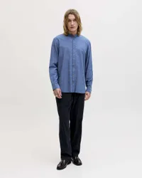 Camicia coreana blu denim in misto lino e cotone