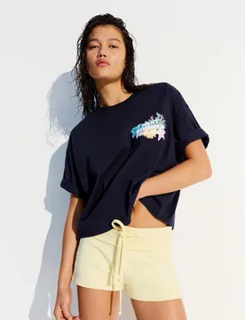 T-Shirt Manches Courtes Oversize Imprimé Xs Marine - Bershka - FashionsVida