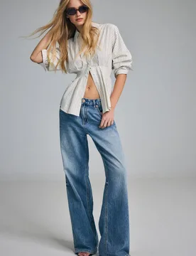 Popelinhemd mit Falten Beige M - Stradivarius - FashionsVida