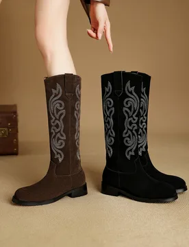 Handmade Women Winter Boots Knee High Boots Chunky Genuine Leather Boots for Women Slip-on Short Boots Embroider Western Boots - Aliexpress - FashionsVida