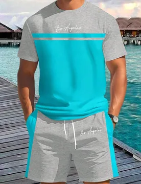 Conjunto de camiseta y pantalones cortos casuales de verano con bloques de color para hombre, ideal para vacaciones - Shein - FashionsVida