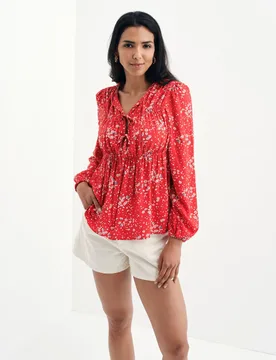 Printed Tie Neck Top Red Mix female - Finery London - FashionsVida