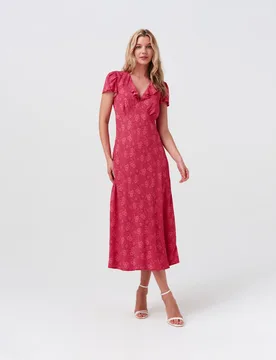 Crepe Floral V-Neck Midi Tea Dress Pink Mix female - GHOST - FashionsVida