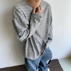 Men Light Grey Striped Cuff Long Sleeve T Shirt Lazy High Grade Clean Fit Basic Top Autumn Casual Loose Sweatshirt Street