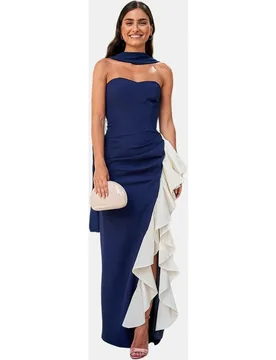 Vestido largo con escote palabra de honor y volante - MIPHAI - FashionsVida