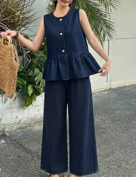 Conjunto de top sin mangas con cuello redondo y volantes en el bajo, y pantalones vaqueros anchos de pierna ancha, estilo sólido lavado casual y eleg - Shein - FashionsVida
