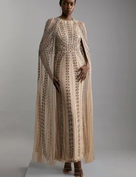 Women's Premium Embellished Cape Maxi Dress in Nude Size: 6 - Nude - Size: 6 - Karen millen - FashionsVida