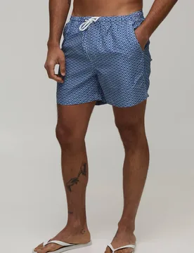 Men's Abstract Print Mid Length Swim Short Blue Size Medium Blue M - boohooMAN - FashionsVida