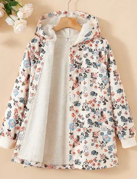 Chaqueta retro acolchada con capucha y forro de pelo en estilo floral para niñas preadolescentes, para otoño/invierno - Shein - FashionsVida
