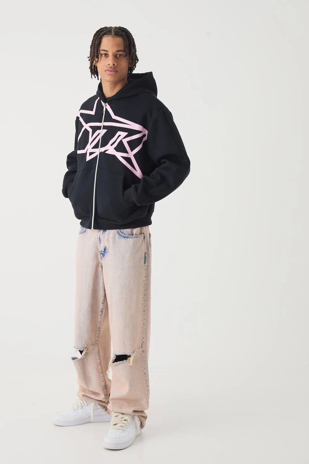 Herren Oversized Boxy Kapuzenpullover mit Sternen-Print und Reißverschluss Black Größe Medium - boohooMAN - FashionsVida