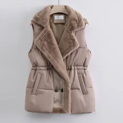 Women's Faux Fur Trim Puffer Vest in Beige - Beige - Size: One Size