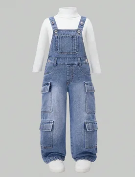 Mono vaquero casual de primavera/otoño para niña con ajuste de tirantes, lavado suave y estilo streetwear - Shein - FashionsVida