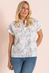 Floral Print & Embroidered Top - White - Size: 20