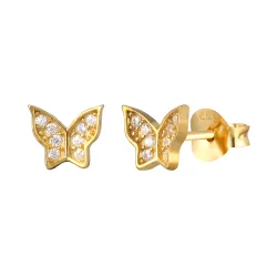 Womens Gold Plated Sterling Silver White Cubic Zirconia Butterfly Stud Earrings - One Size