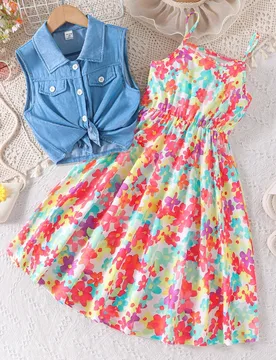 Conjunto de 2 piezas para niñas preadolescentes: chaleco de seda de hielo y denim & vestido camisola con estampado floral colorido de vacaciones, pri - Shein - FashionsVida