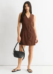 Women's Chocolate Linen Button Through Mini shirt Dress Size: 14 - Chocolate - Size: 14