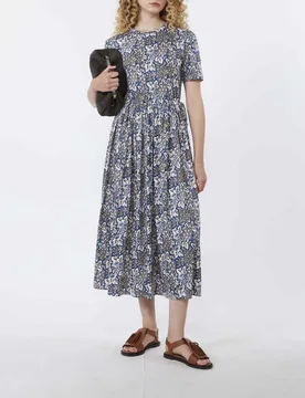 Abito lungo a maniche corte Weekend avio in cotone con fantasia floreale e laccetti in vita - Max Mara - FashionsVida