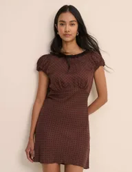 Polka Dot Round Neck Mini Tea Dress Brown female