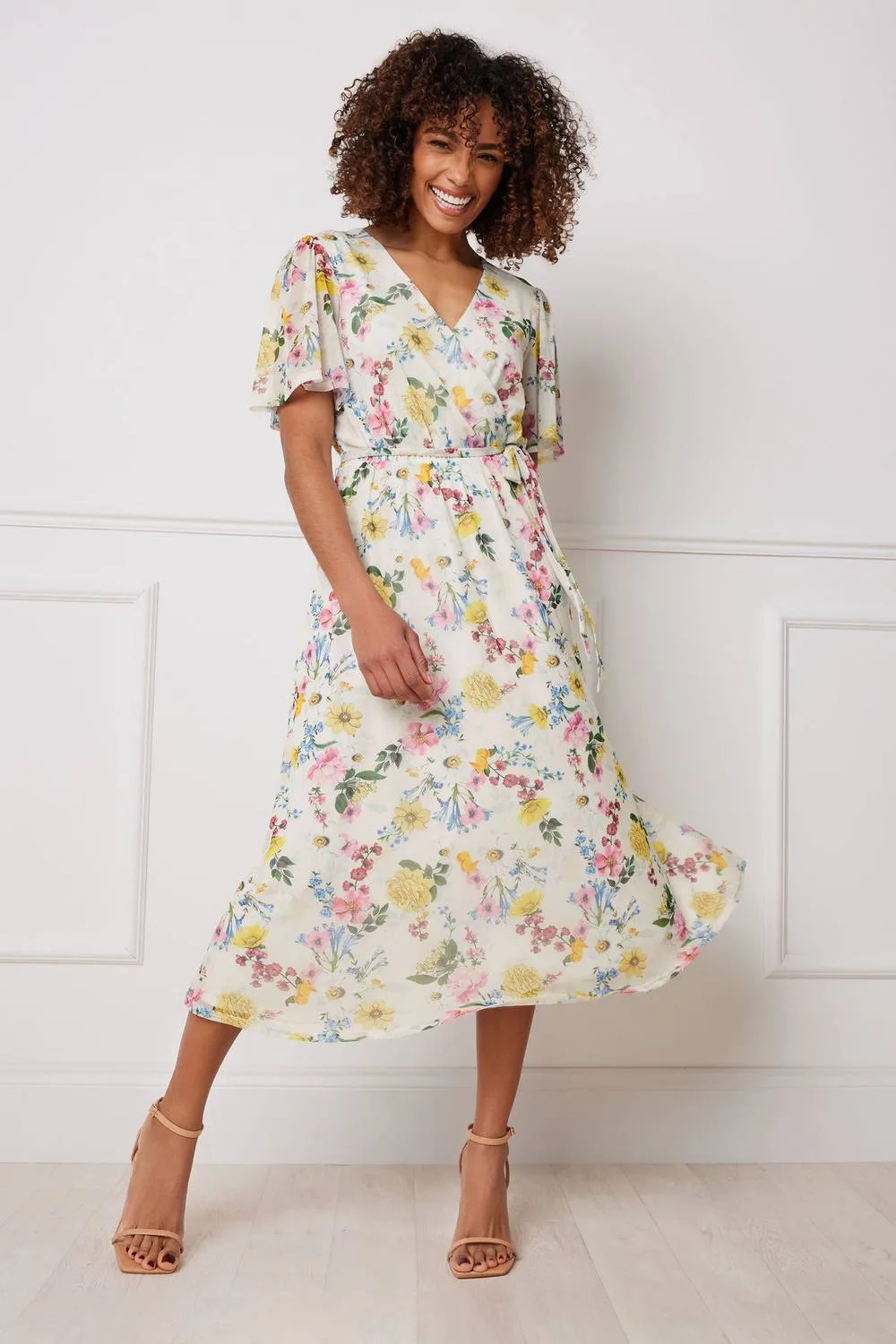 Printed Wrap Midi Dress - Ivory - Size: 10 - M&Co - FashionsVida