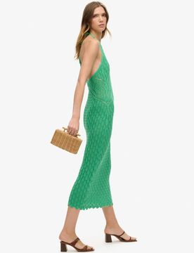 Superdry Damen Häkel-maxikleid mit Nackenträger Grün - Größe: 36