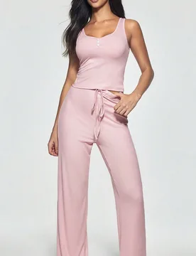Conjunto de pijama de pantalón y parte superior con botones de concha sin mangas, cómodo y minimalista, color rosa palo, ropa de estar en casa para - Shein - FashionsVida