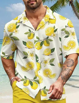 Camisa hawaiana de talla grande para hombre - Patrón de limones de verano, playa de verano, cuello clásico, camisa casual de vacaciones - Shein - FashionsVida