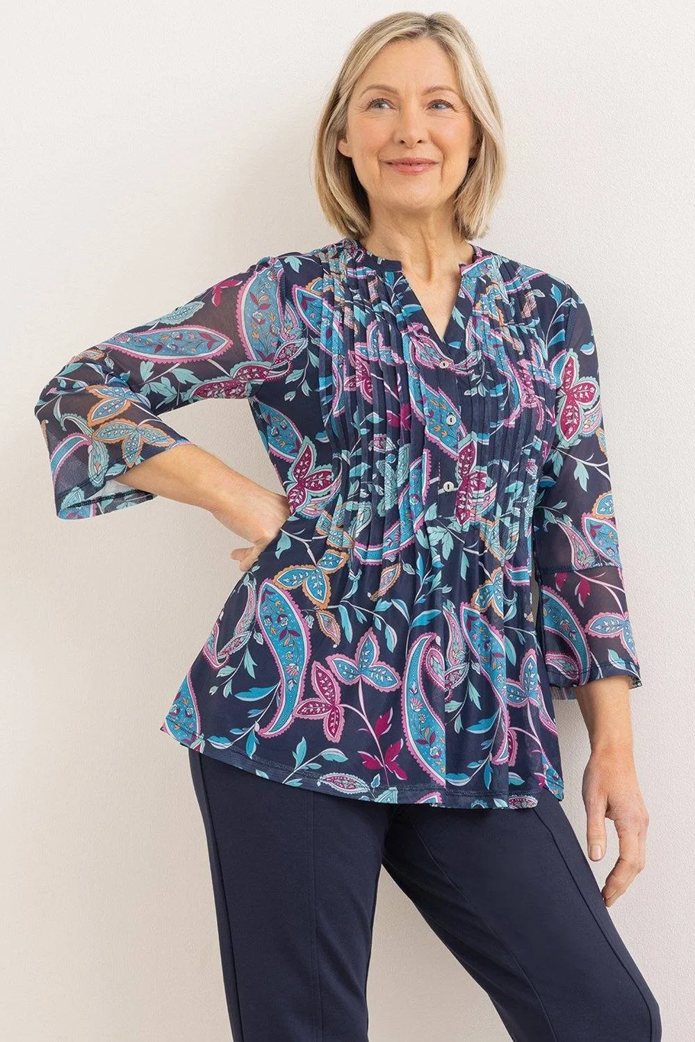 Paisley Printed Mesh Top - Navy - Size: L - Anna Rose - FashionsVida