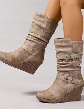 Botas Chelsea de cuña con hebilla, de puntera redonda, para otoño/invierno, a rayas en beige, versátiles y elegantes para el trabajo, uso diario y - Shein - FashionsVida