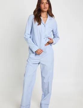 Womens Cotton Poplin Pinstripe Long Sleeve Shirt & Trouser Pyjama Set - Light Blue - Size 6 Uk - Boohoo - FashionsVida