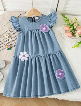 Vestido de verano para vacaciones y fiestas, de mezclilla azul holgado con cuello redondo, mangas cortas y diseño floral 3D, estilo lindo y dulce par - Shein - FashionsVida