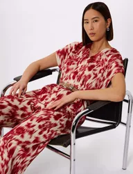 Floral V-Neck Belted Short Sleeve Jumpsuit Red Mix female
