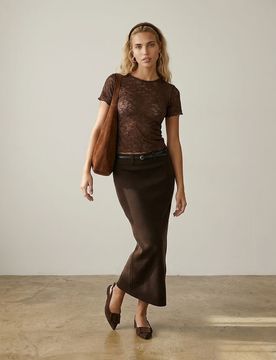 Gonna maxi in maglia con cintura, con viscosa - marrone scuro