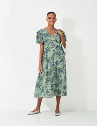 Floral Flutter Sleeve Midi Tea Dress Medium Green female