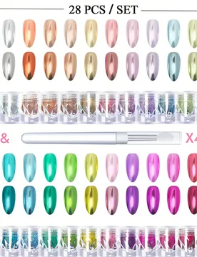 Piezas Polvo de espejo arcoíris de 24 colores, incluye 4 piezas de borlas de silicona para polvo, juego de polvo de espejo dorado, verde, rosa, plate - Shein - FashionsVida