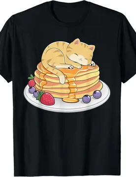 Kawaii Kitten Sleeping on Pancakes Graphic T-Shirt Cute Cat Breakfast Tee for Men - Aliexpress - FashionsVida
