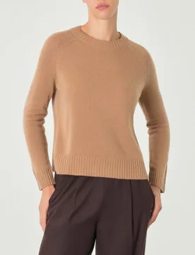 Maglia color cammello in cashmere con scollo tondo e spacchetti laterali - Cachemire Line - FashionsVida