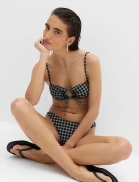 Checked Tie Front Bandeau Bikini Top Black Mix female - M&S - FashionsVida