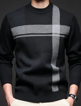 Jersey de cuello redondo a rayas para hombre, otoño/invierno, de cuello alto, informal y de negocios, cómodo para fiestas, uso en casa, de manga lar - Shein - FashionsVida