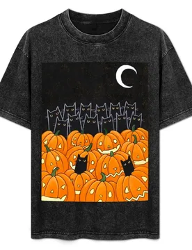 Black Cats and Jack-o-Lanterns T-Shirt Urban Style Casual Short Sleeve Top - Aliexpress - FashionsVida