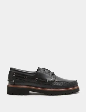 Chunky Sole Leather Deck Shoes Black male - M&S - FashionsVida