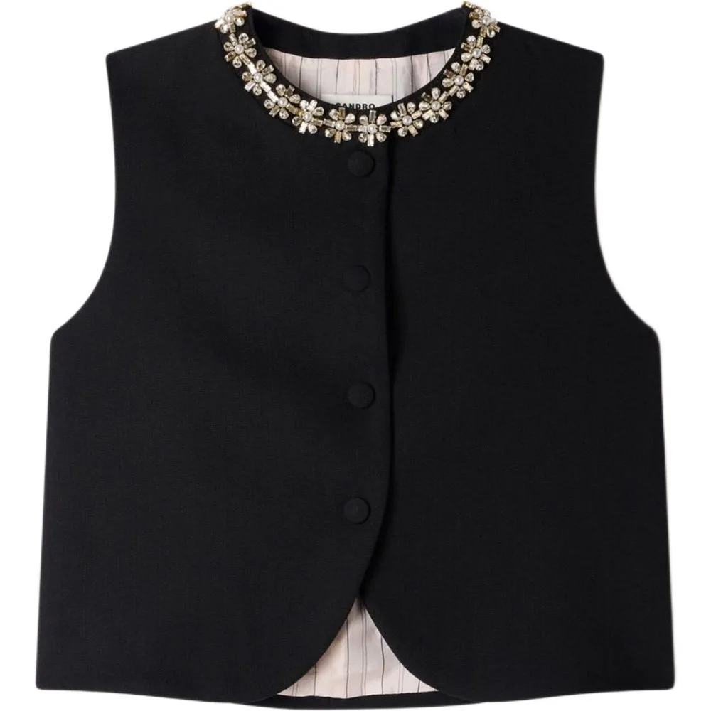 Chaleco corto de mujer con cuello joya 100% lana - sandro - FashionsVida