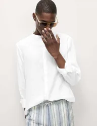 Pure Linen Grandad Collar Shirt White male