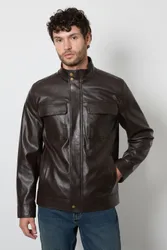 Mens Dark Brown Faux Leather Four Pocket Jacket - Size Large