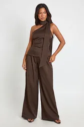 Womens Crepe Scarf Top And Wide Leg Trouser Co-Ord Set - Chocolate - Size 16 Uk