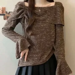 Elegant Square Neck Knit Top With Flared Sleeves And Lace Up Detail For Office Wear