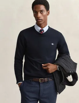 Pure Cotton Crew Neck Jumper Navy male - Gant - FashionsVida